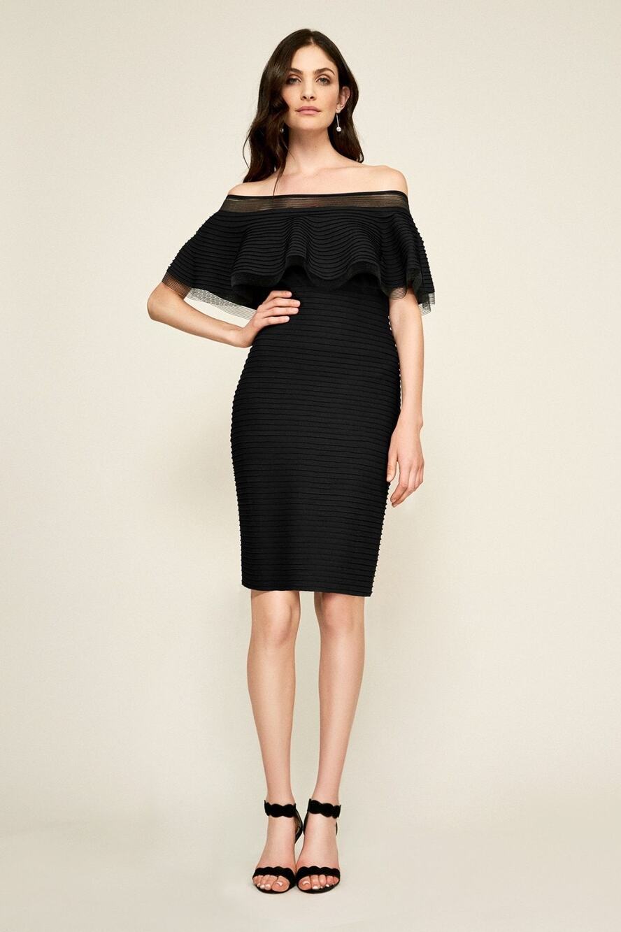 Tadashi Shoji Black Swoop Off Shoulder Sheath Dress sz Small